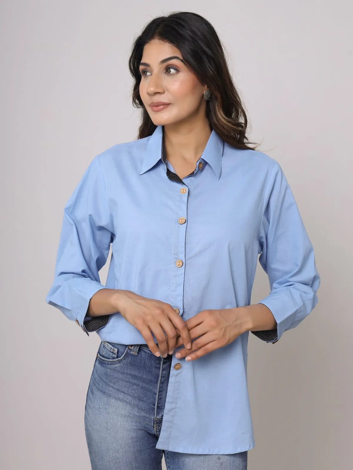 Women Light Blue Pure Cotton Solid Shirt