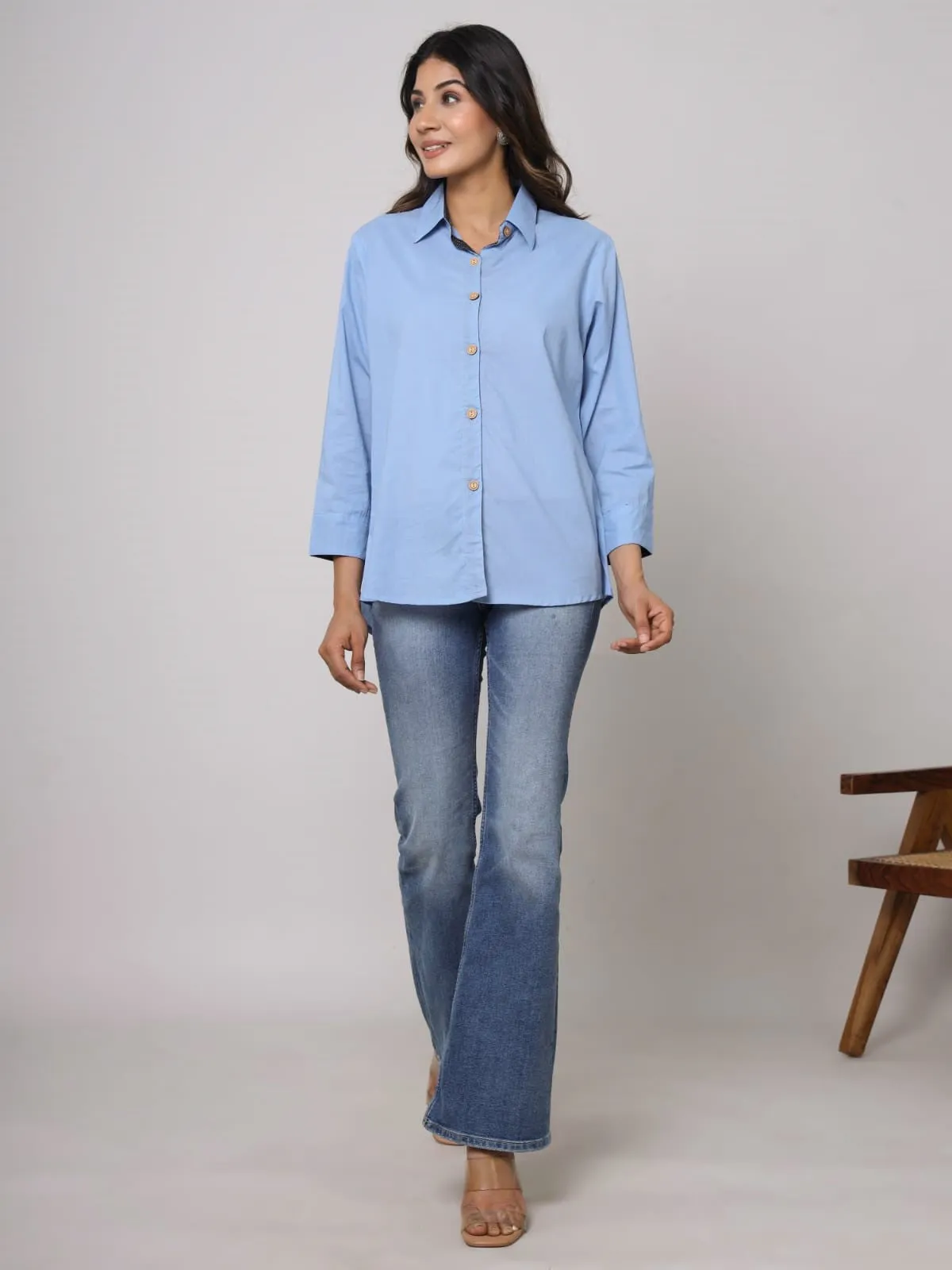 Women Light Blue Pure Cotton Solid Shirt