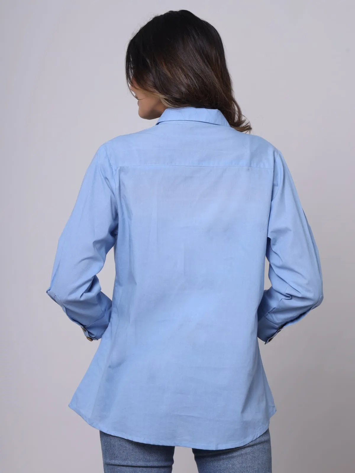 Women Light Blue Pure Cotton Solid Shirt