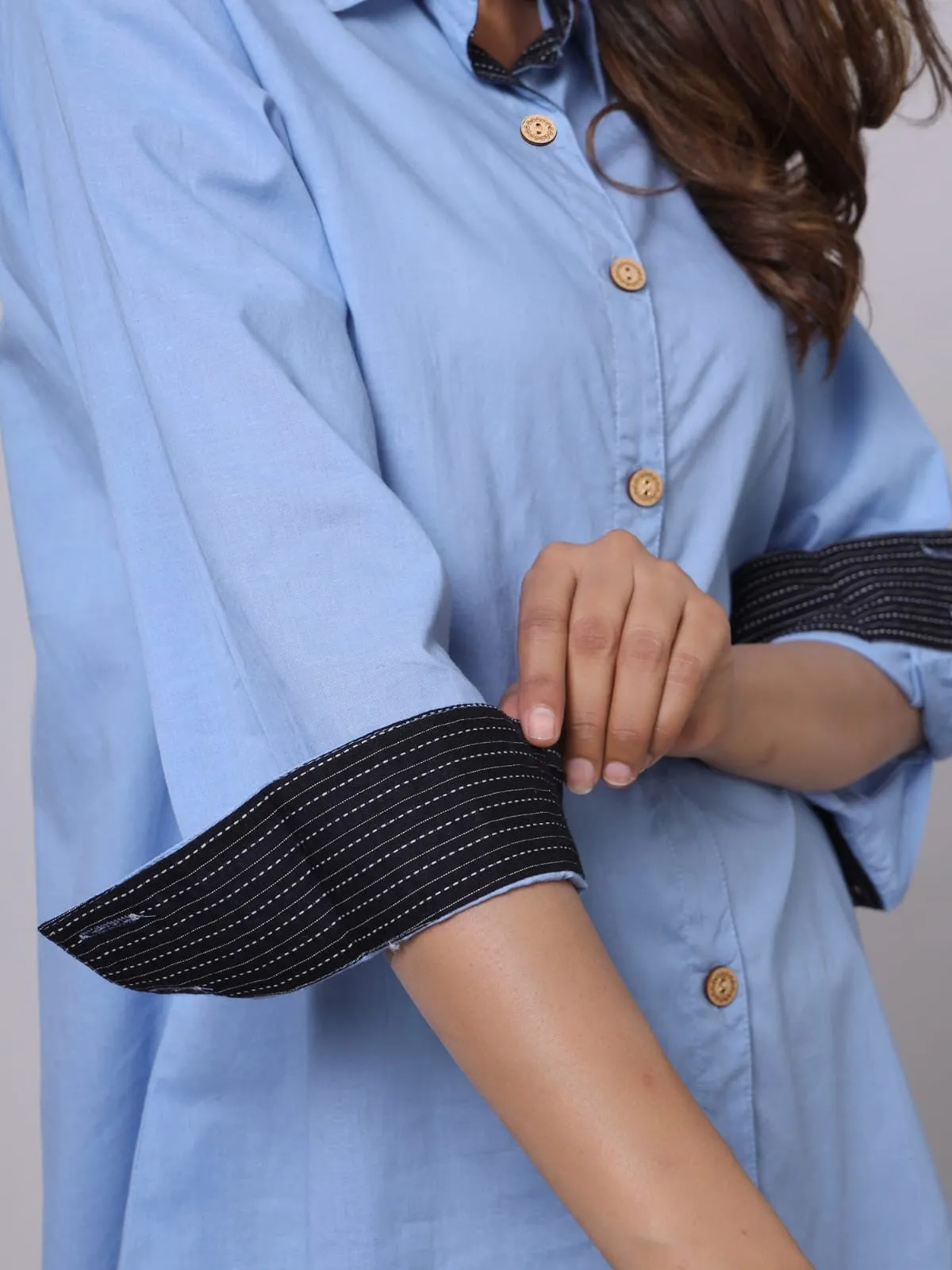 Women Light Blue Pure Cotton Solid Shirt