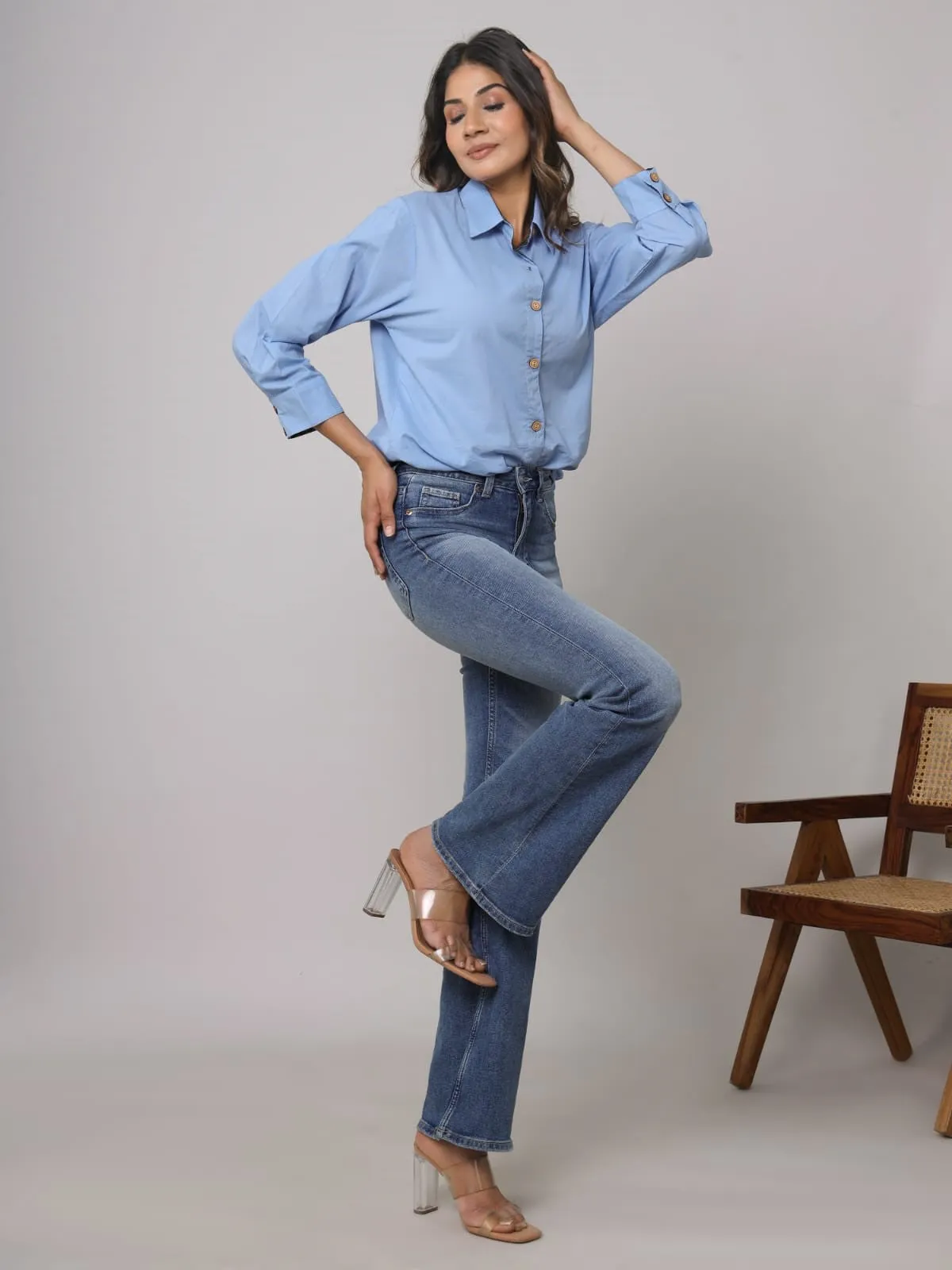 Women Light Blue Pure Cotton Solid Shirt