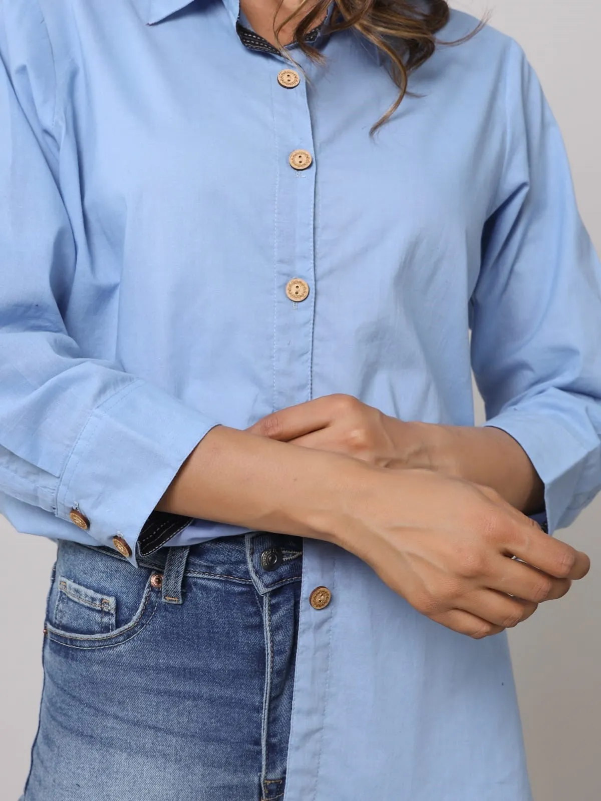 Women Light Blue Pure Cotton Solid Shirt