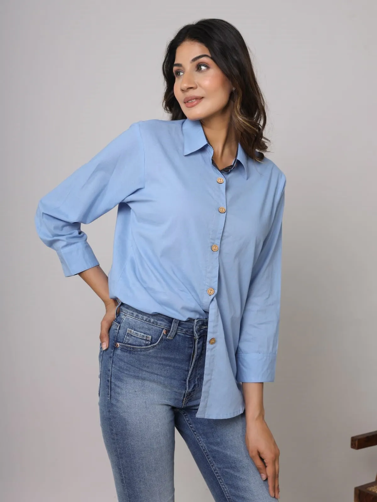 Women Light Blue Pure Cotton Solid Shirt