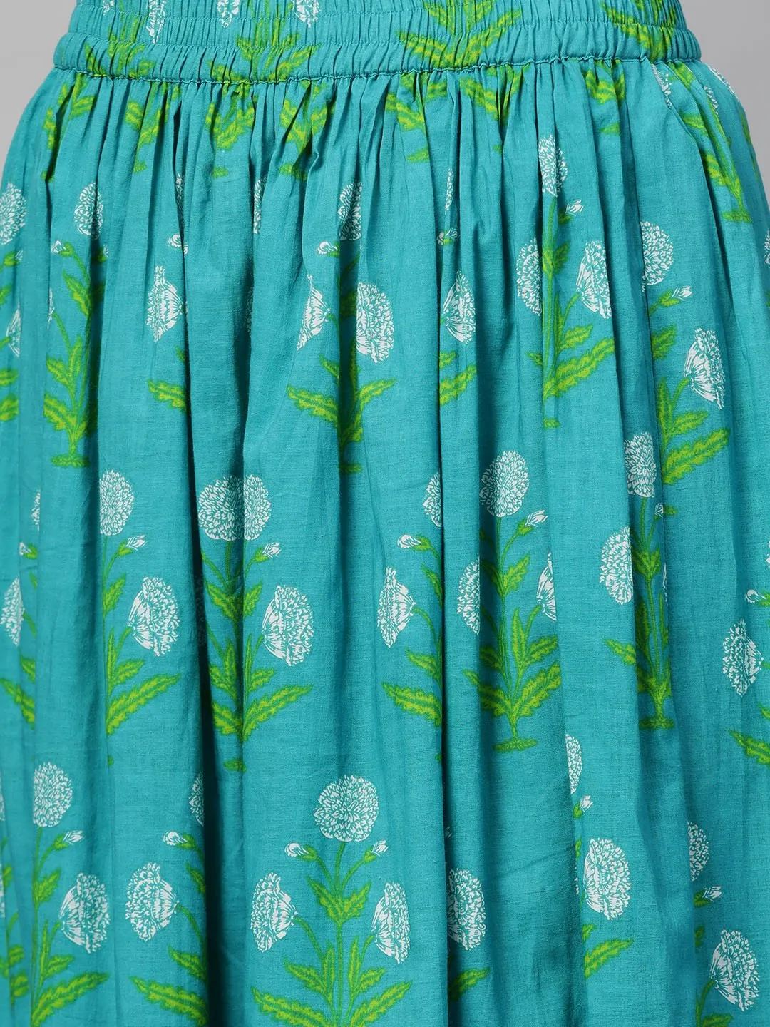 Women Navy Blue & Green Straight Ethnic Motifs Printed Kurta And Skirt Set