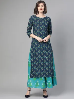 Women Navy Blue & Green Straight Ethnic Motifs Printed Kurta And Skirt Set