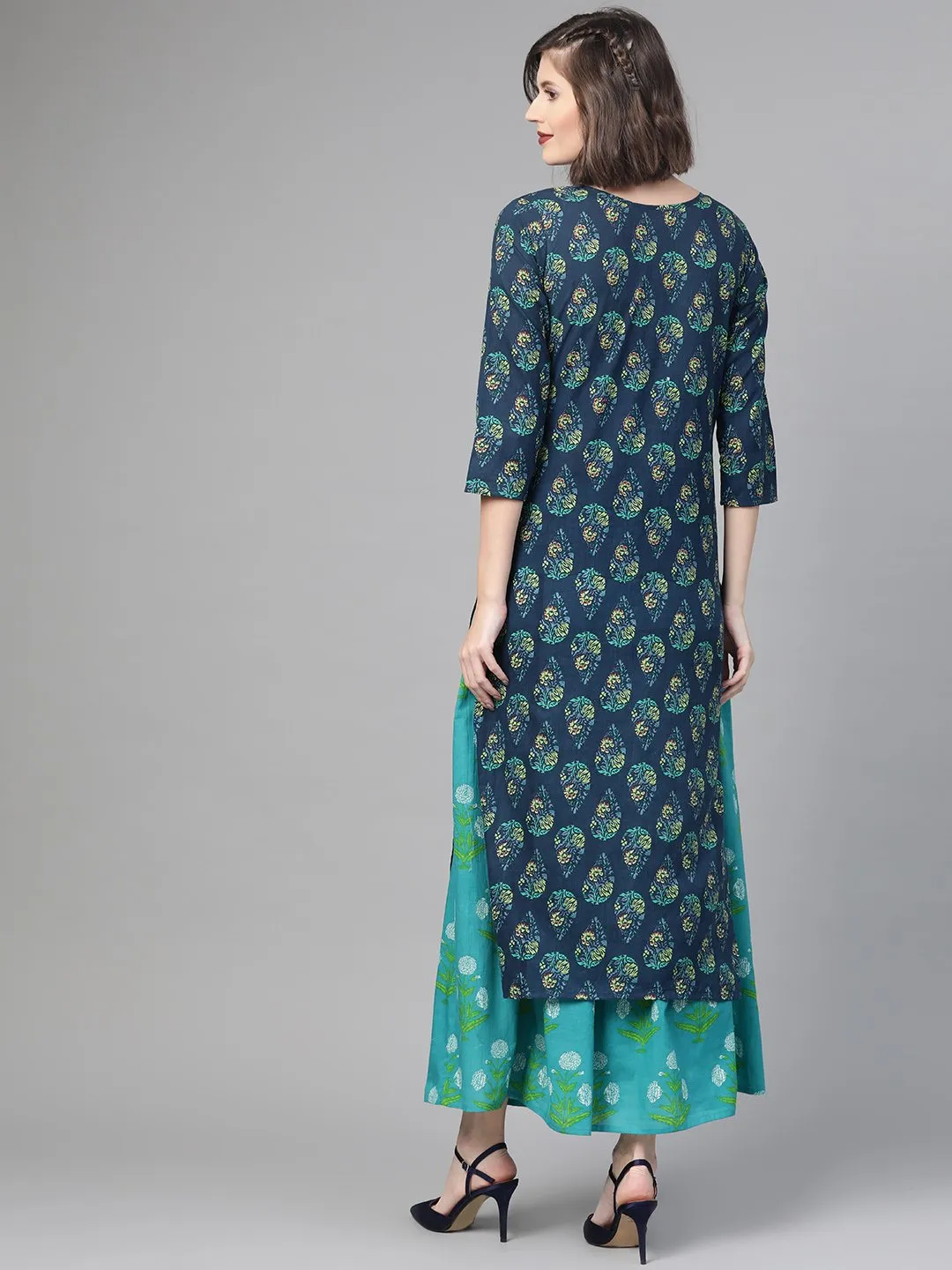 Women Navy Blue & Green Straight Ethnic Motifs Printed Kurta And Skirt Set