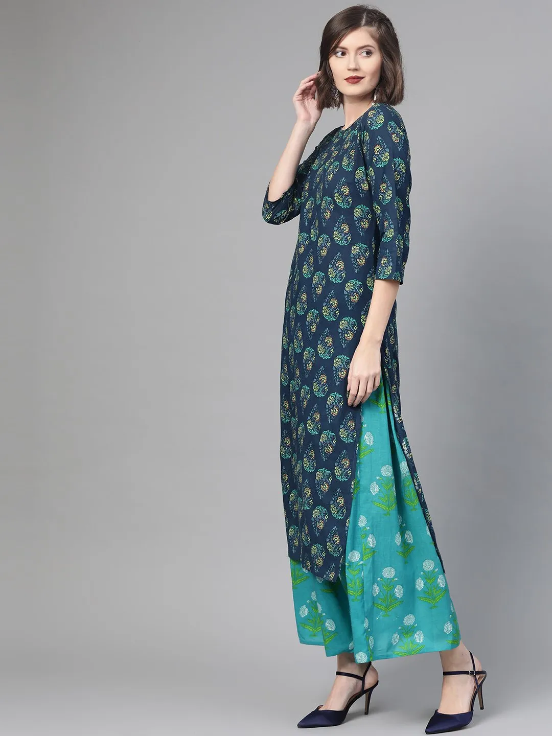 Women Navy Blue & Green Straight Ethnic Motifs Printed Kurta And Skirt Set