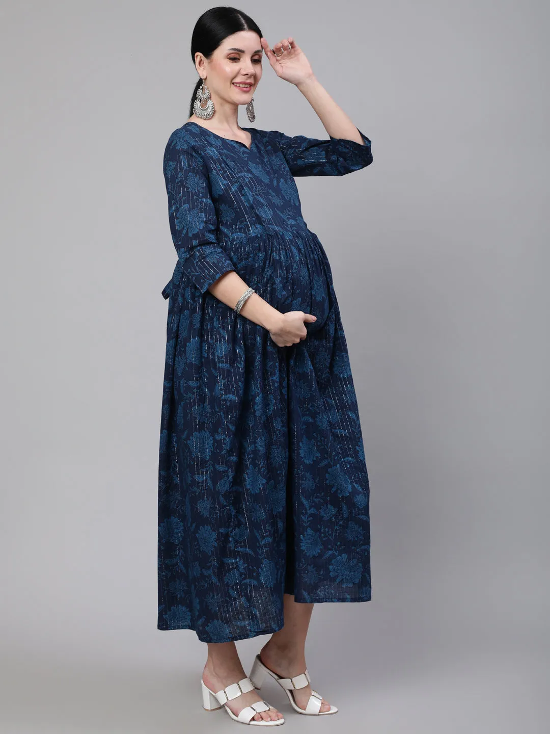 Women Navy Blue Ethinc Printed Flared Maternity Dress