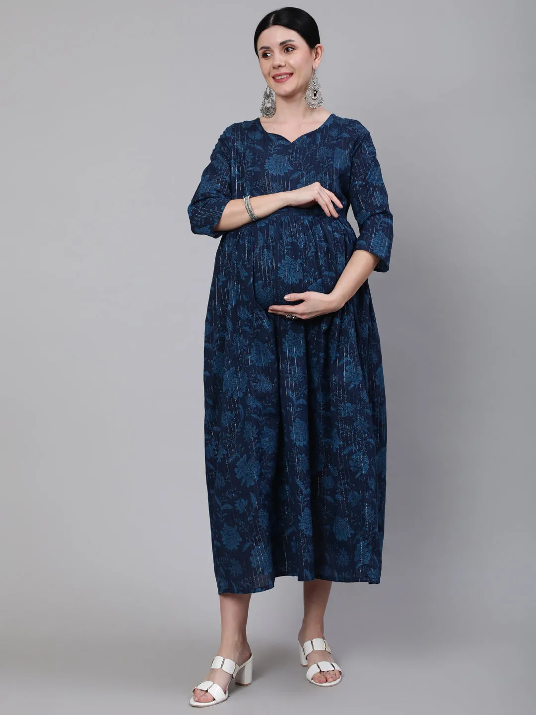 Women Navy Blue Ethinc Printed Flared Maternity Dress