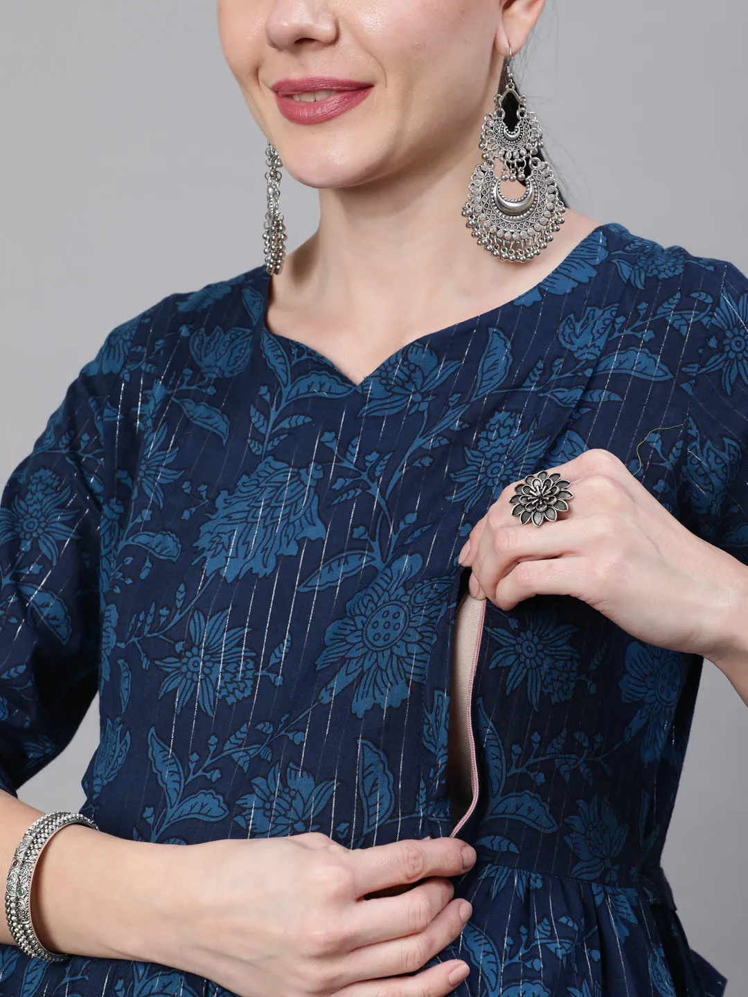 Women Navy Blue Ethinc Printed Flared Maternity Dress