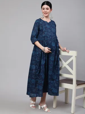 Women Navy Blue Ethinc Printed Flared Maternity Dress