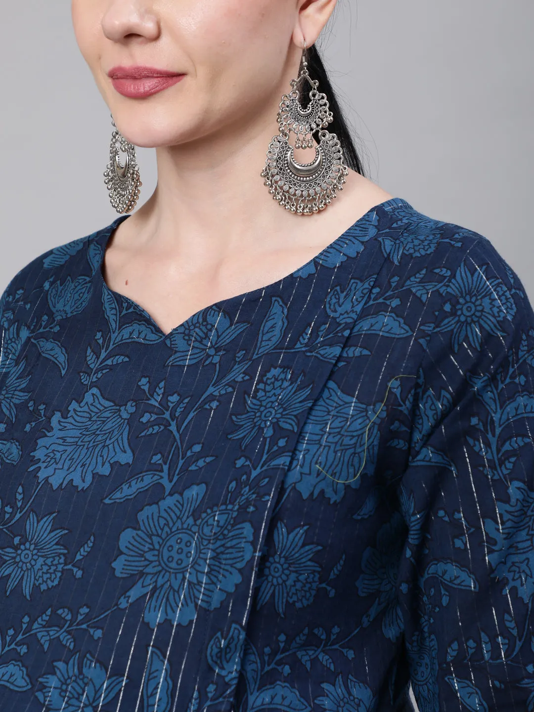 Women Navy Blue Ethinc Printed Flared Maternity Dress