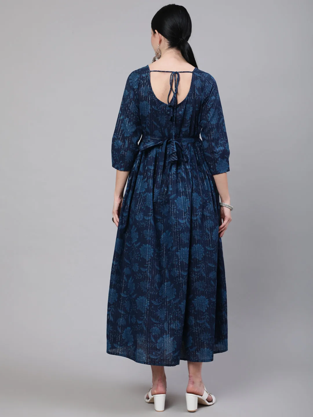 Women Navy Blue Ethinc Printed Flared Maternity Dress
