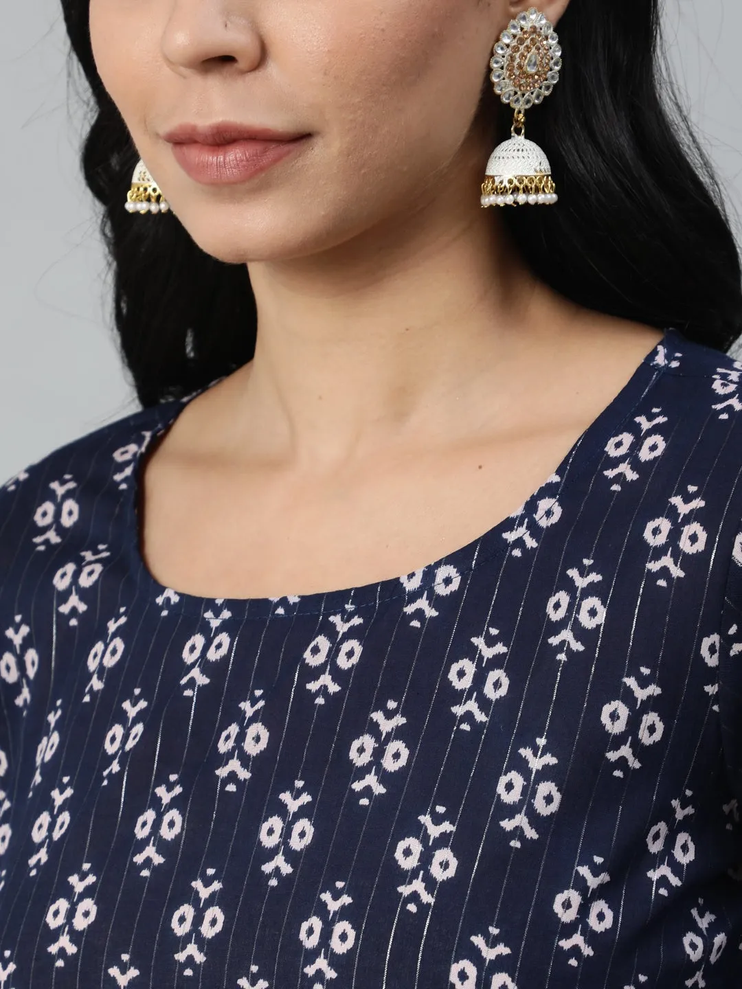 Women Navy Blue Ethnic Motifs Printed Pure Cotton Kurta With Trouser And Dupatta