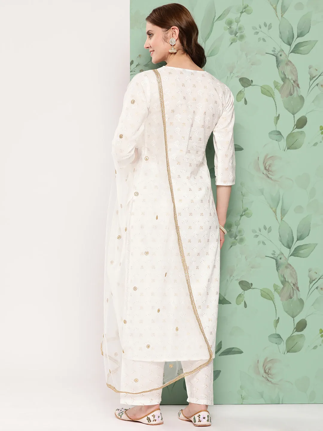 Women Off White Embroidered Straight Kurta With Palazzo And Net Dupatta