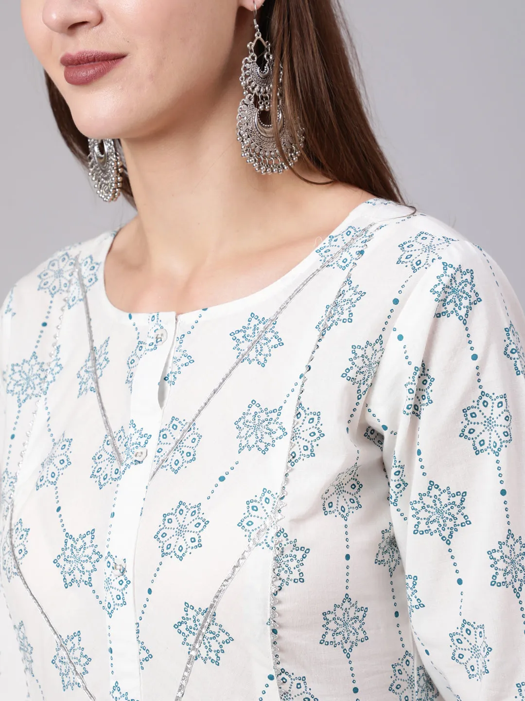 Women Off White Printed Flared Kurta With Trouser & Dupatta