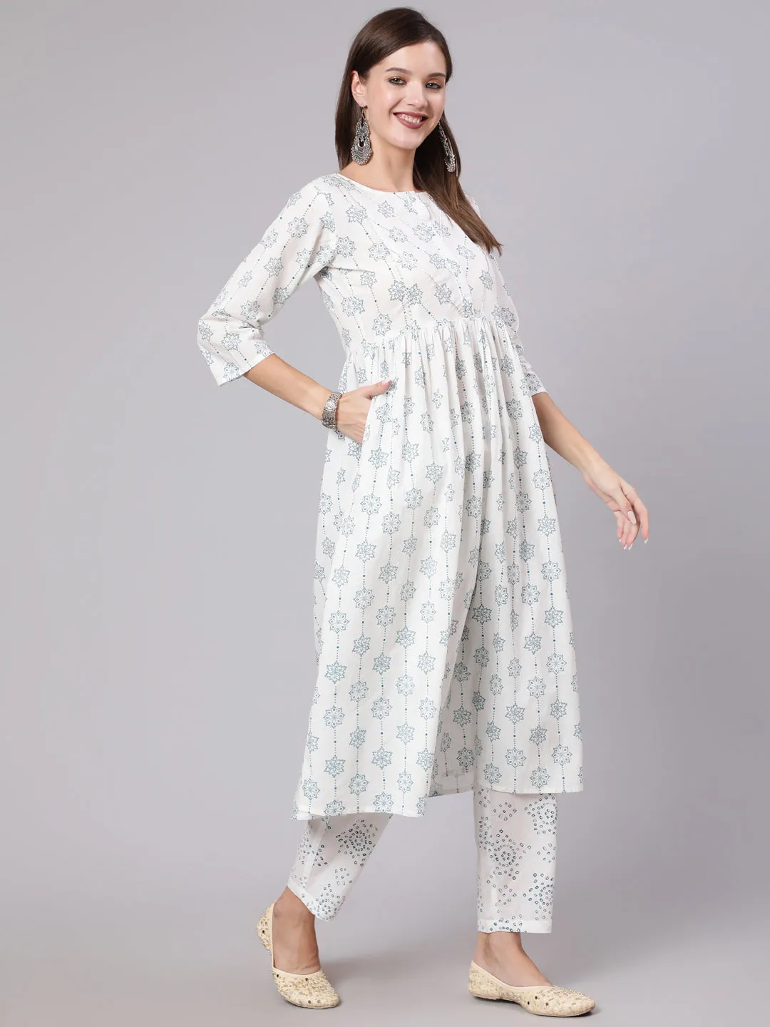 Women Off White Printed Flared Kurta With Trouser & Dupatta