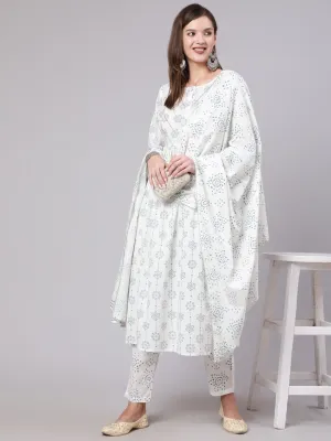 Women Off White Printed Flared Kurta With Trouser & Dupatta