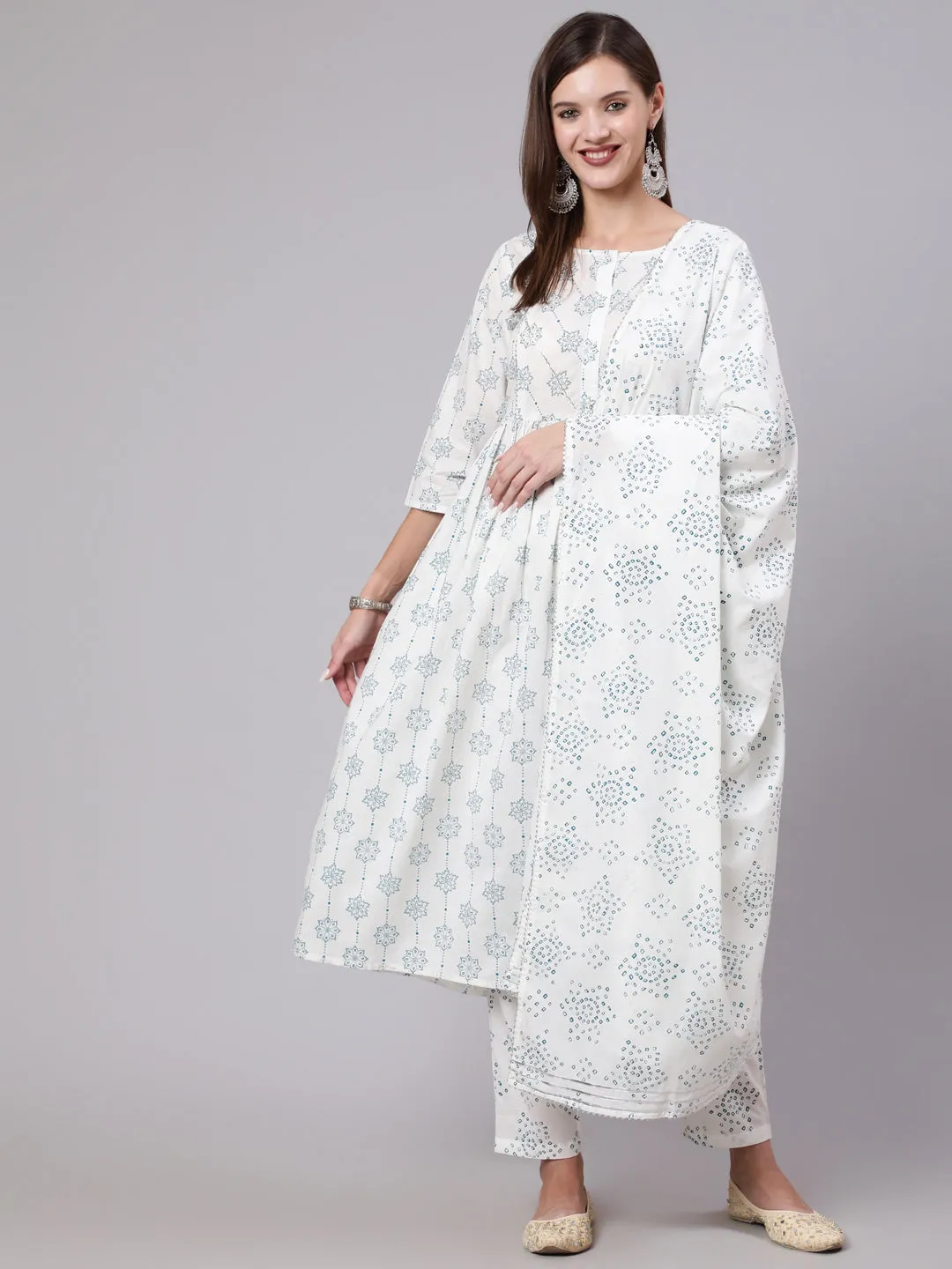 Women Off White Printed Flared Kurta With Trouser & Dupatta