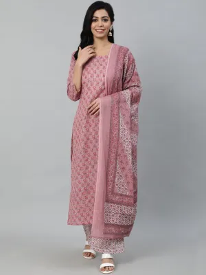 Women Pink Floral Printed Pure Cotton Kurta & Plazzos With Dupatta