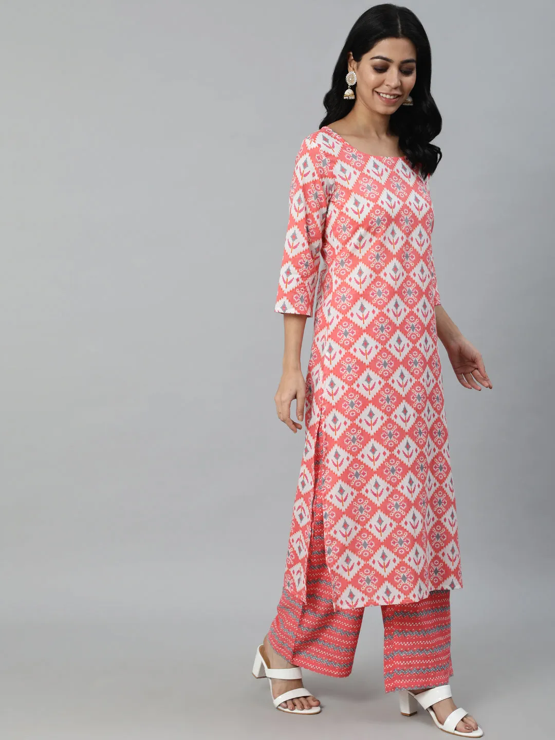 Women Pink Printed Straight Kurta With Plazo & Dupatta