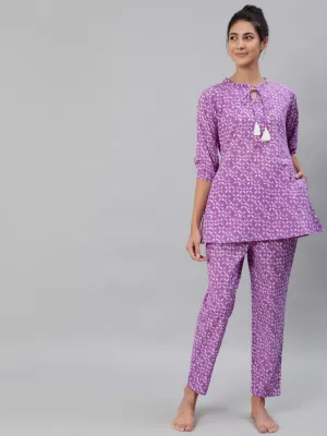 Women Purple & White Printed Pure Cotton Night Suit