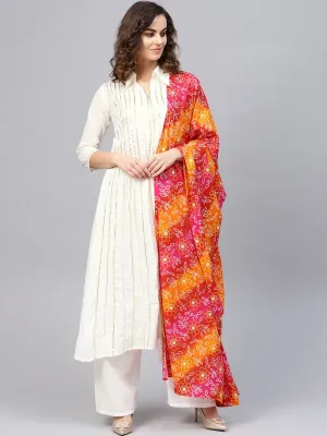 Women White 3/4Th Sleeve Gotta Striped A-Line Kurta With Palazzo And Printed Dupatta