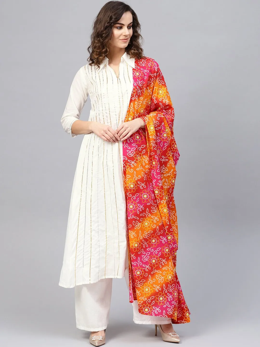 Women White 3/4Th Sleeve Gotta Striped A-Line Kurta With Palazzo And Printed Dupatta