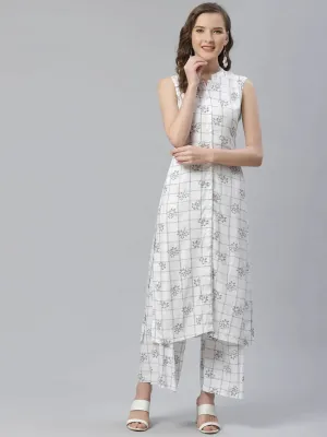 Women White & Black Floral Printed Kurta With Palazzos