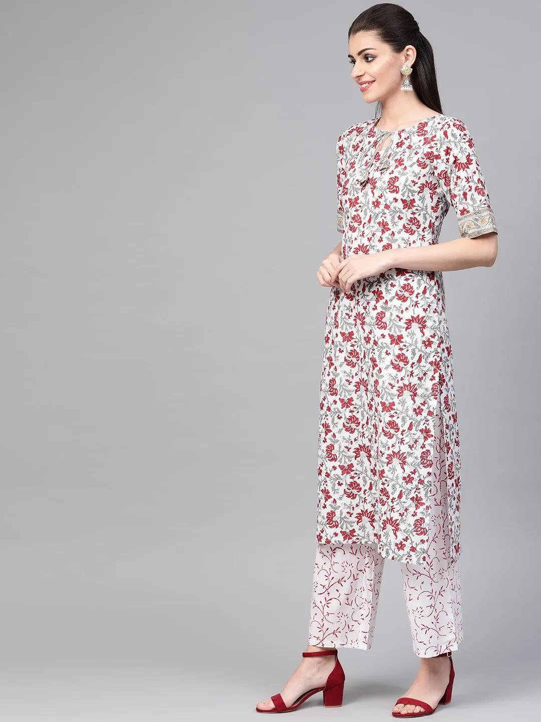 Women White & Maroon Straight Floral Printed Kurta And Palazzos Set With Dupatta