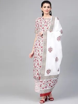Women White & Maroon Straight Floral Printed Kurta And Palazzos Set With Dupatta