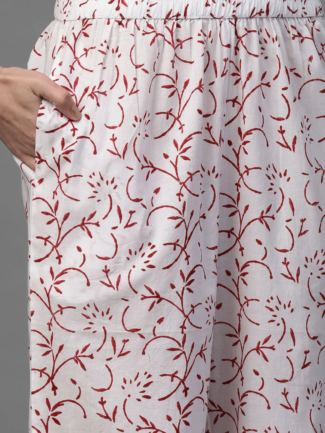 Women White & Maroon Straight Floral Printed Kurta And Palazzos Set With Dupatta