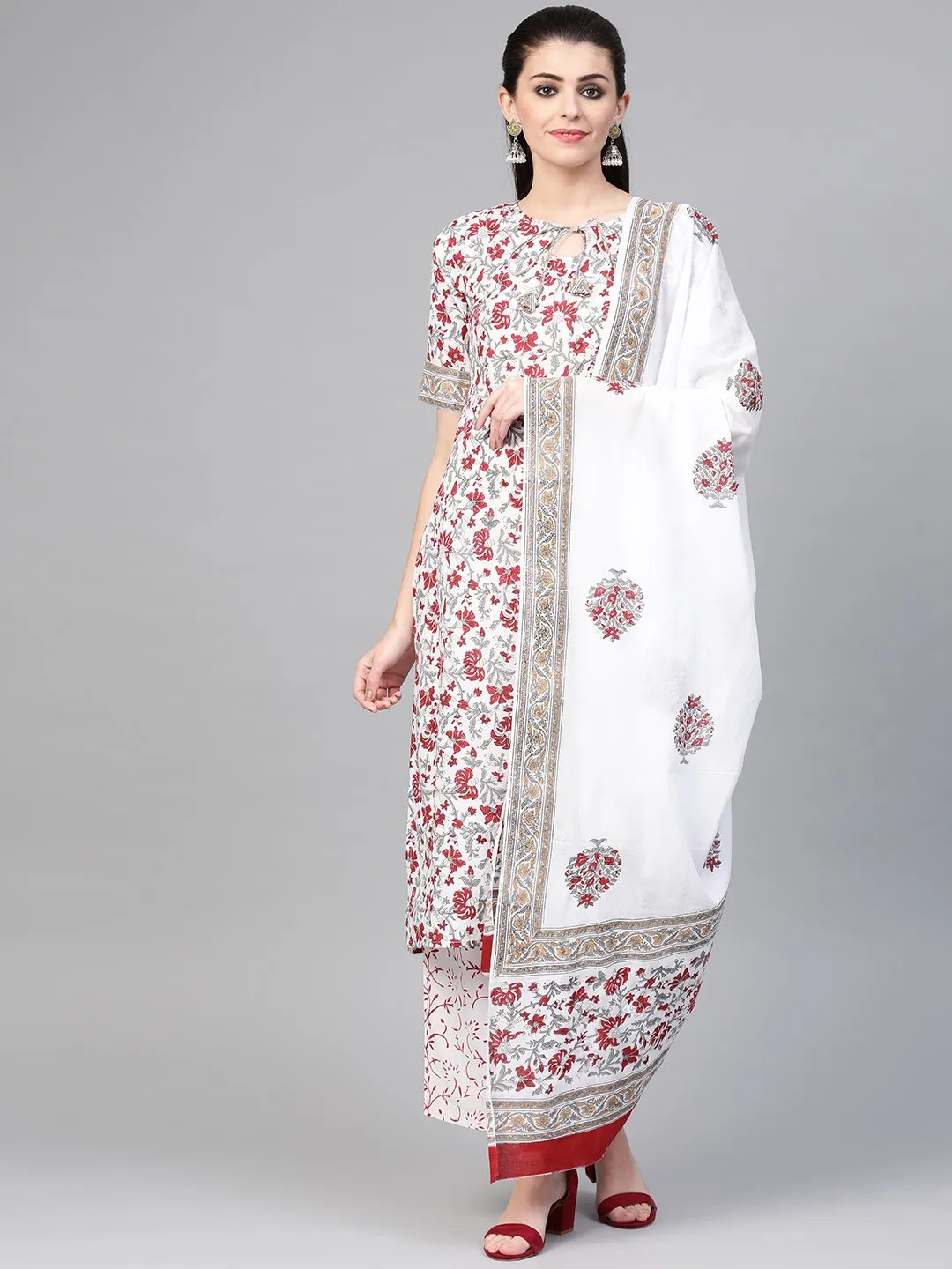 Women White & Maroon Straight Floral Printed Kurta And Palazzos Set With Dupatta