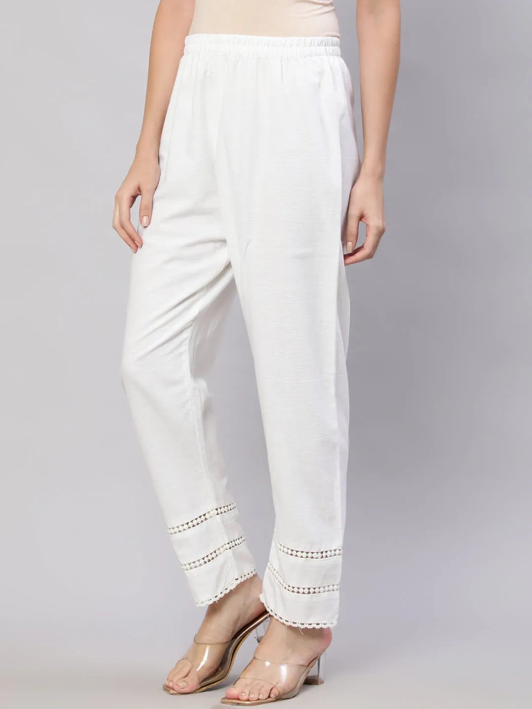 Women White Solid Pant With Lace Details