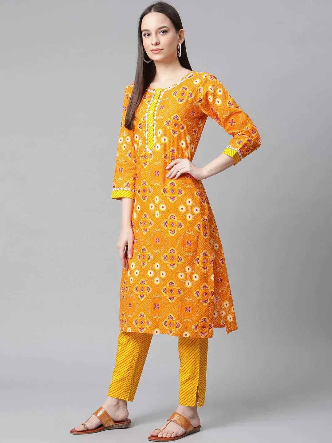 Women Yellow & Pink Ethnic Motifs Printed Pure Cotton Kurta With Trousers & Dupatta