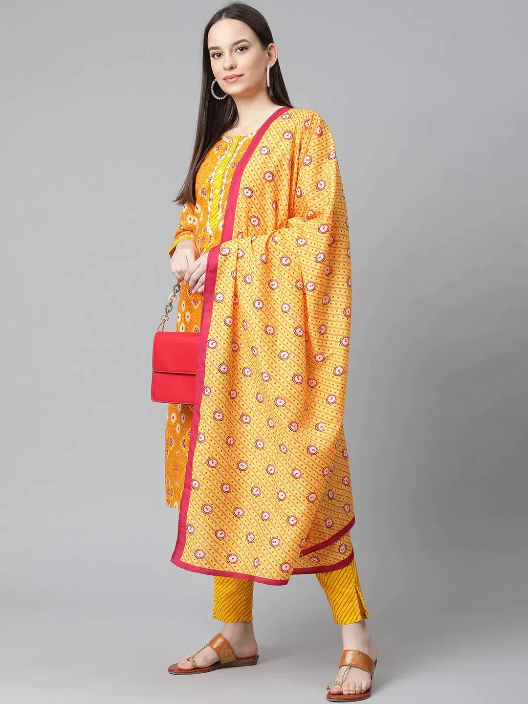 Women Yellow & Pink Ethnic Motifs Printed Pure Cotton Kurta With Trousers & Dupatta