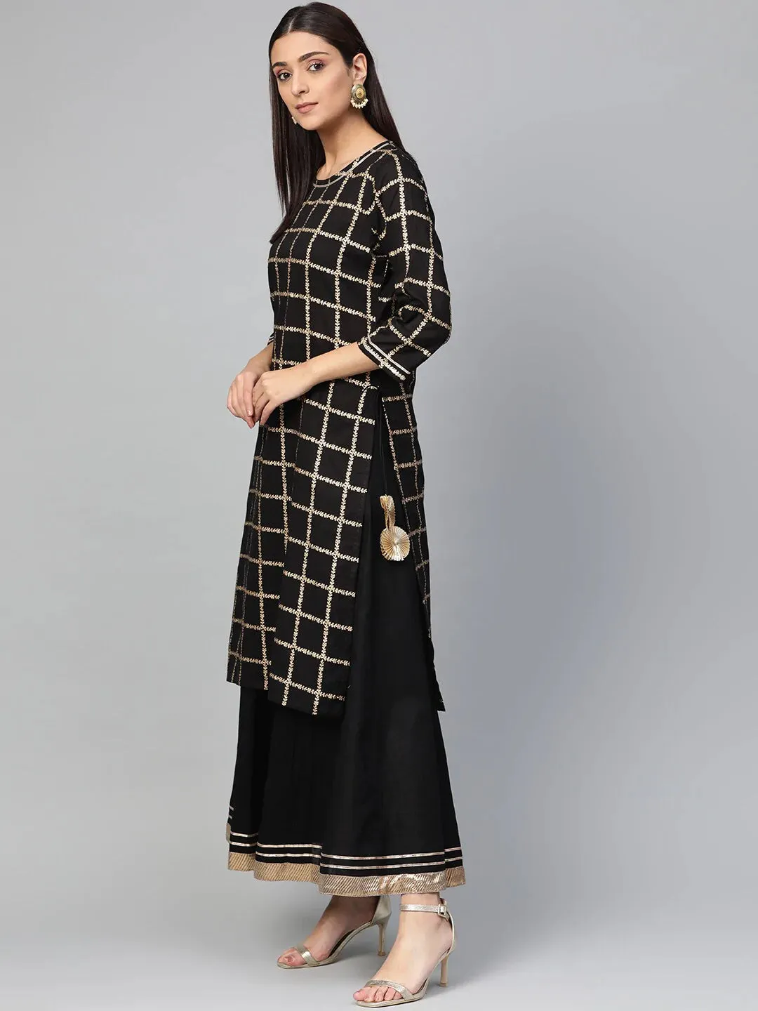 Women'S Black & Golden Foil Checked Kurta With Skirt
