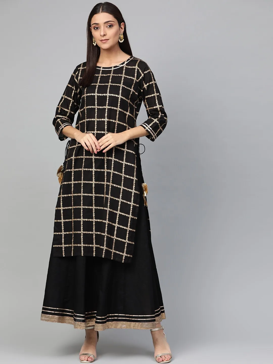 Women'S Black & Golden Foil Checked Kurta With Skirt