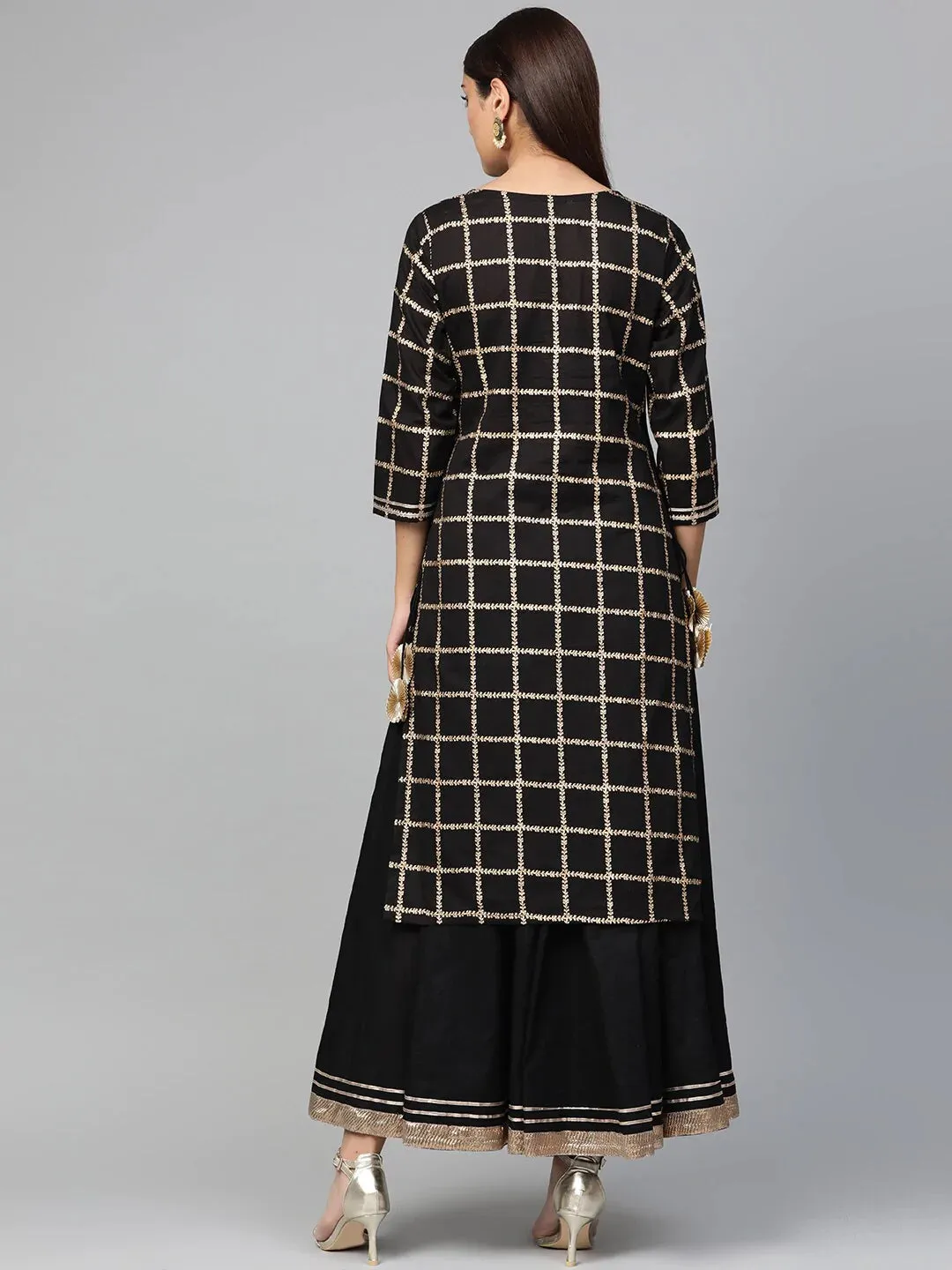 Women'S Black & Golden Foil Checked Kurta With Skirt