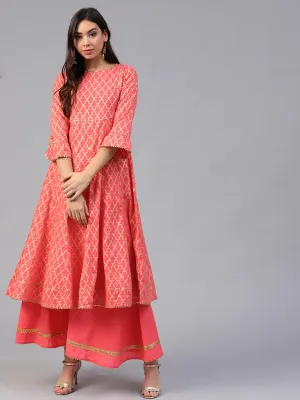 Women'S Coral Pink & Golden Printed Kurta With Palazzos