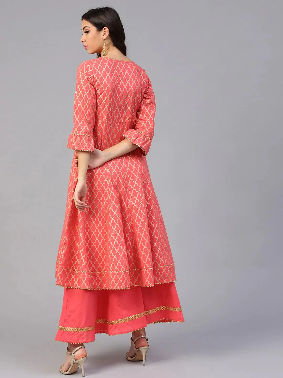 Women'S Coral Pink & Golden Printed Kurta With Palazzos