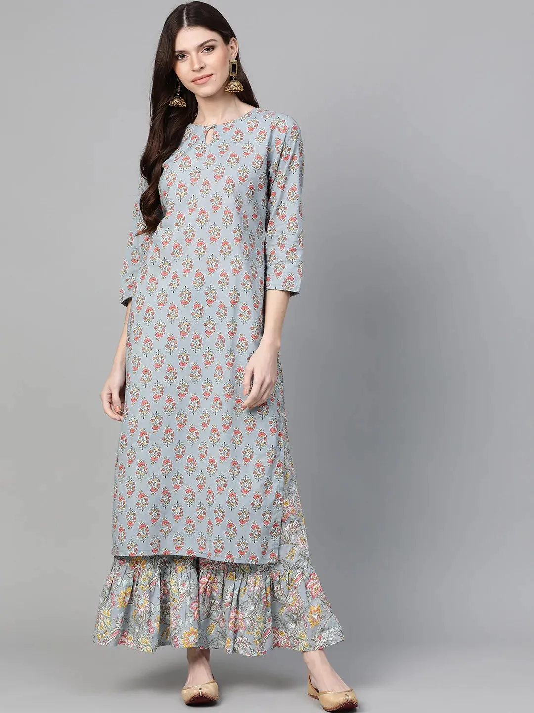 Women'S Grey & Pink Floral Print Kurta With Palazzos
