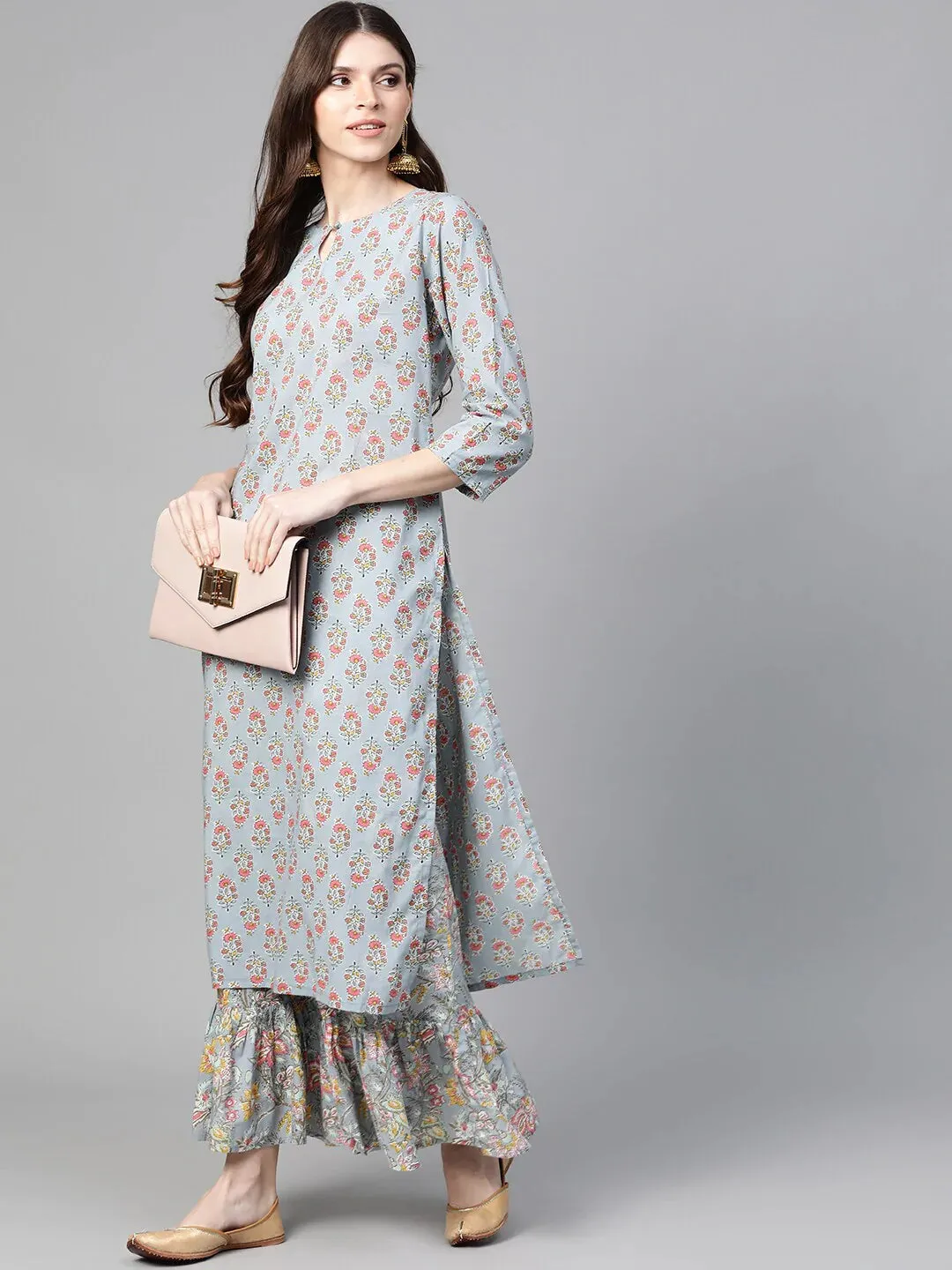 Women'S Grey & Pink Floral Print Kurta With Palazzos