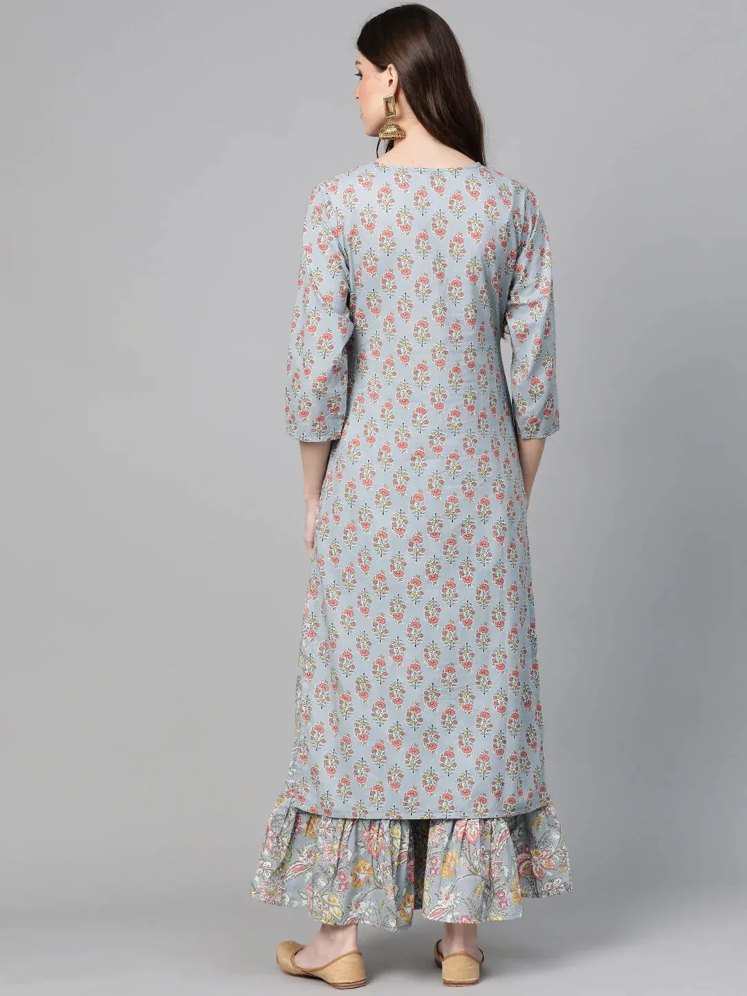 Women'S Grey & Pink Floral Print Kurta With Palazzos