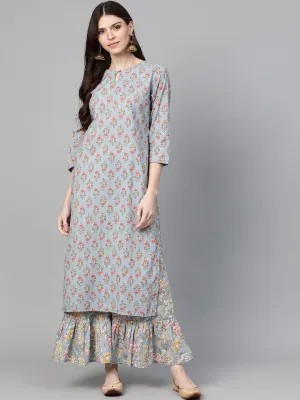Women'S Grey & Pink Floral Print Kurta With Palazzos