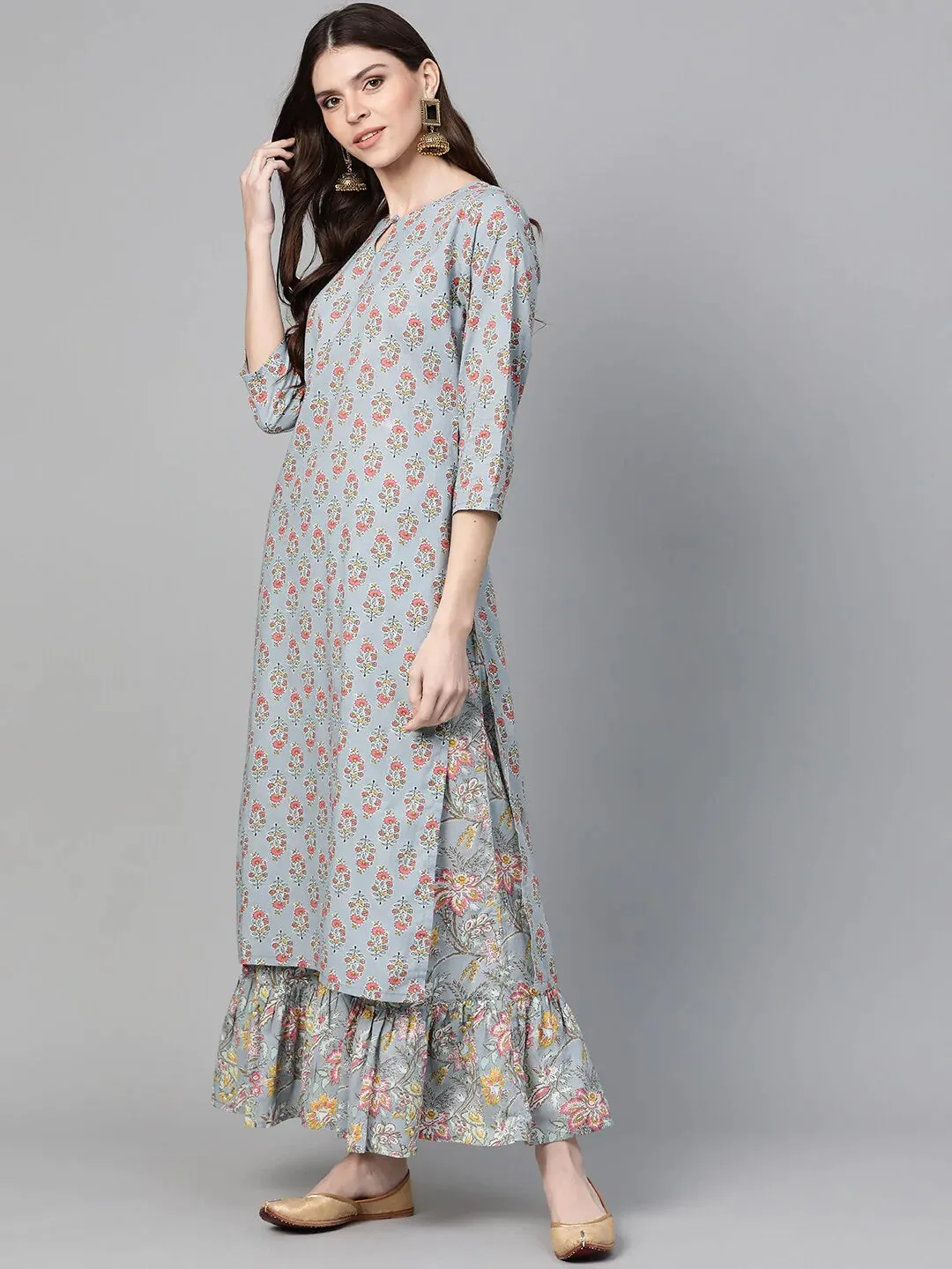 Women'S Grey & Pink Floral Print Kurta With Palazzos