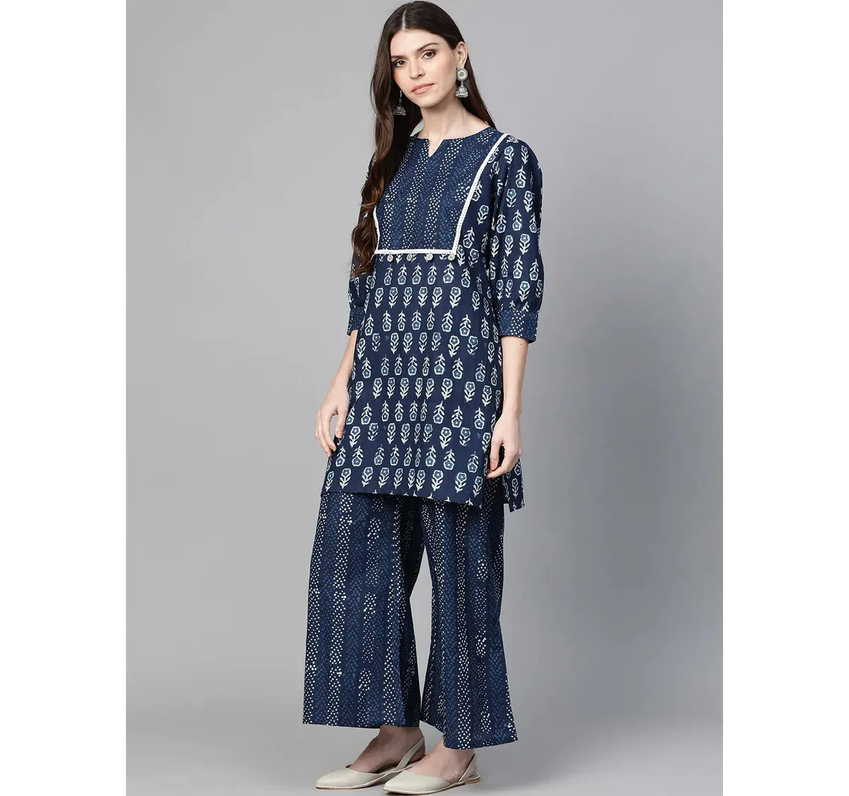 Women'S Navy Blue & Off-White Printed Kurta With Palazzos