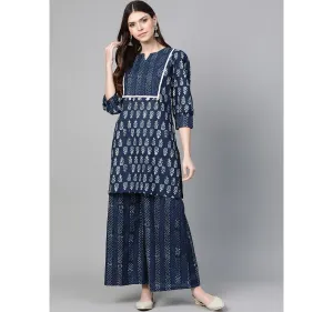 Women'S Navy Blue & Off-White Printed Kurta With Palazzos