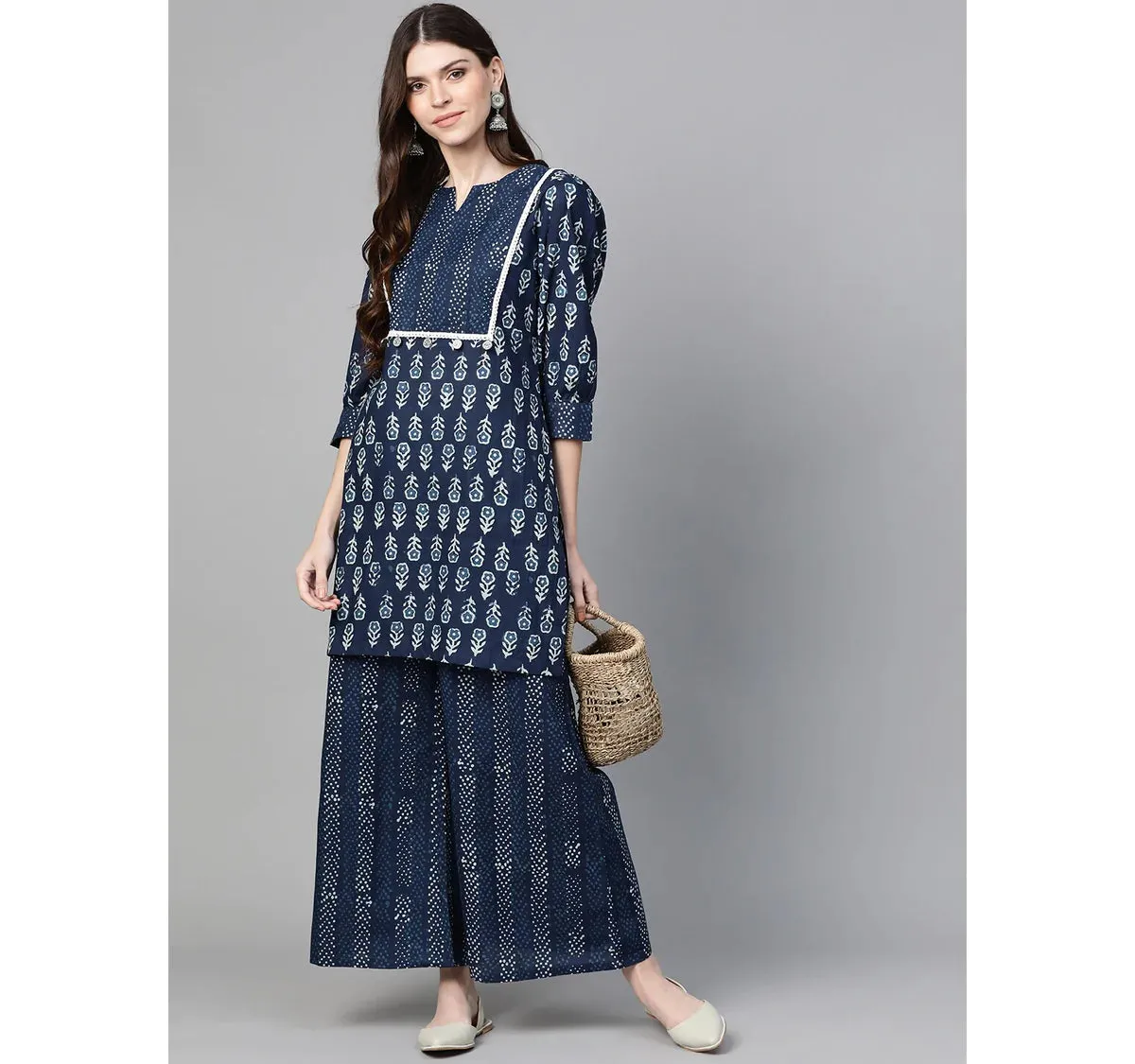 Women'S Navy Blue & Off-White Printed Kurta With Palazzos