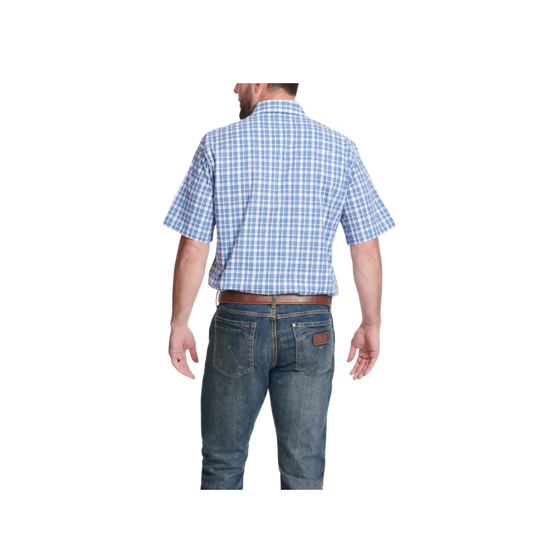 Wrangler Men's Plaid Relaxed Fit Short Sleeve Western White Bluebonnet Blue Shirt